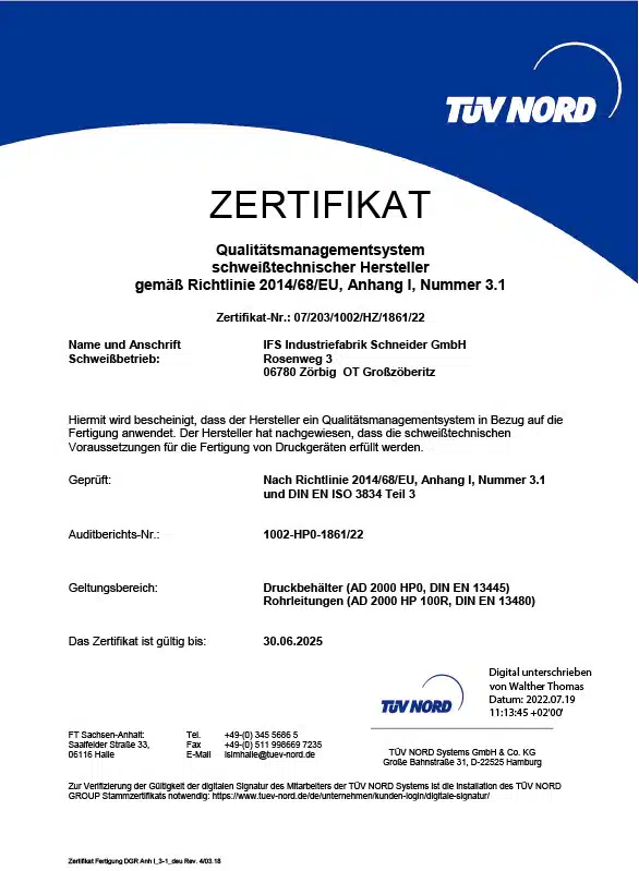 DIN EN ISO 3834 welding technology certificate of Industriefabrik Schneider GmbH