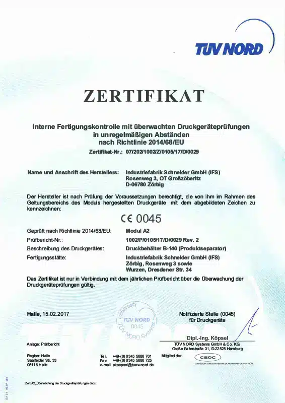 Module A2 certificate with identification number CE 0045 of Industriefabrik Schneider GmbH