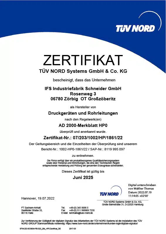 AD 2000 Merkblatt HP0 certificate of Industriefabrik Schneider GmbH