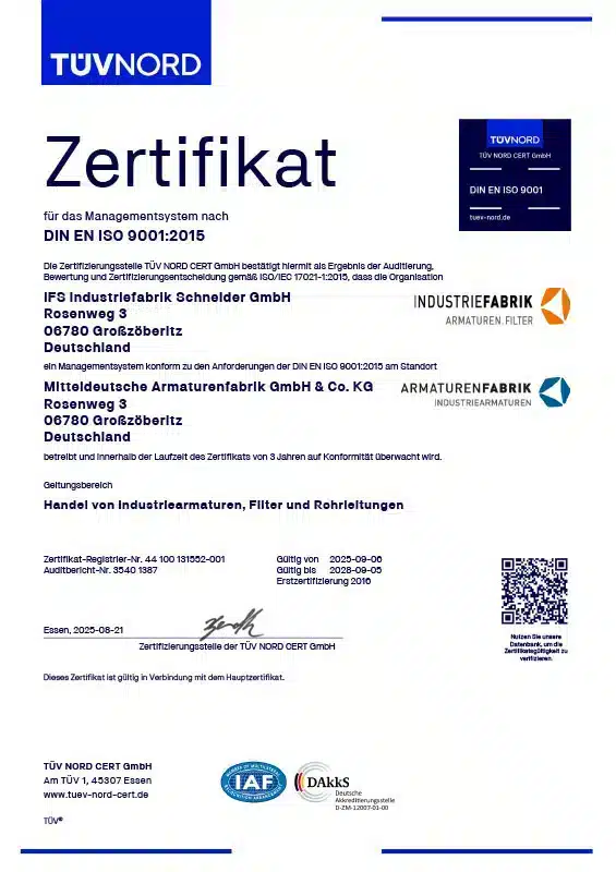 DIN EN ISO 9001:2015 certificate of Industriefabrik Schneider GmbH for the quality management system