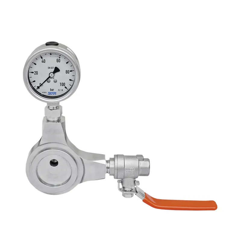 Spade blind in stainless steel with vent, pressure gauge and ball valve to indicate the pressure behind the disc