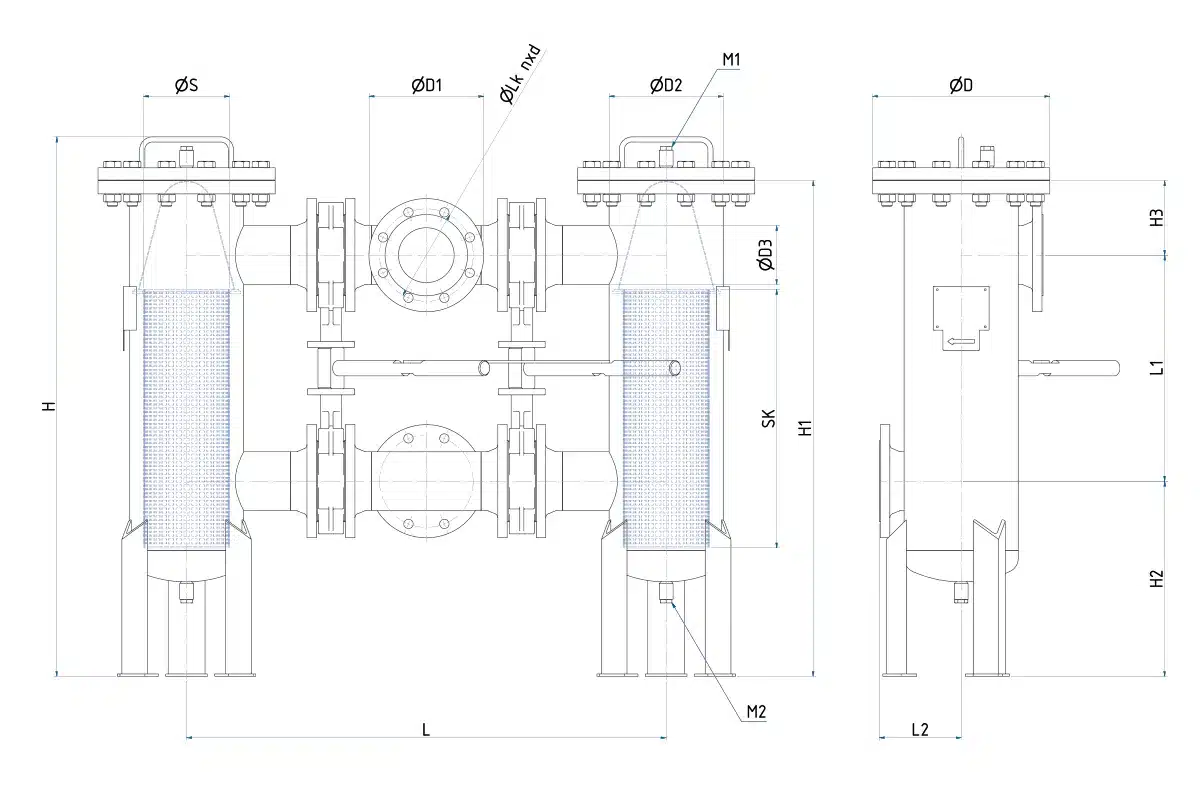 Technical drawing of the duplex strainer with the dimensions of the series