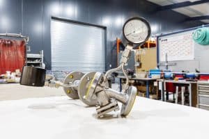 Y strainer in Y-pattern design in production, modified with differential pressure indicator and pressure gauge