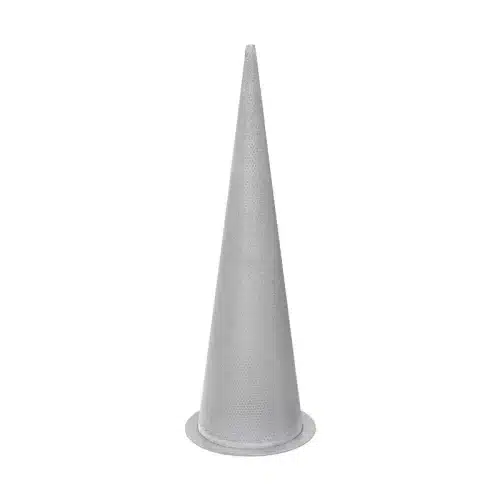 Witch hat strainer in pointed conical design in stainless steel, a temporary strainer whose cone runs out into a point without a top surface