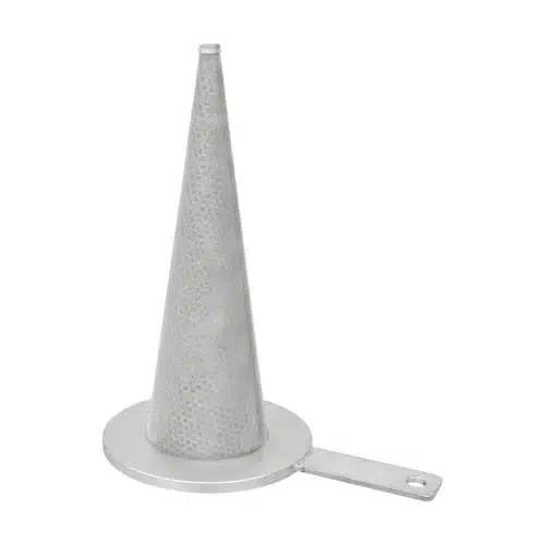 Witch hat strainer in pointed conical design in stainless steel with handle that shows from the outside that the temporary strainer is installed