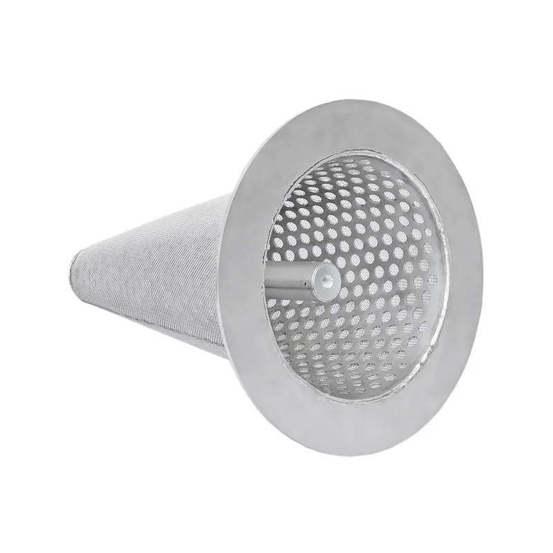Witch hat strainer in conical design made of stainless steel with magnetic cylinder in the cone, a temporary start-up strainer against rust and scale