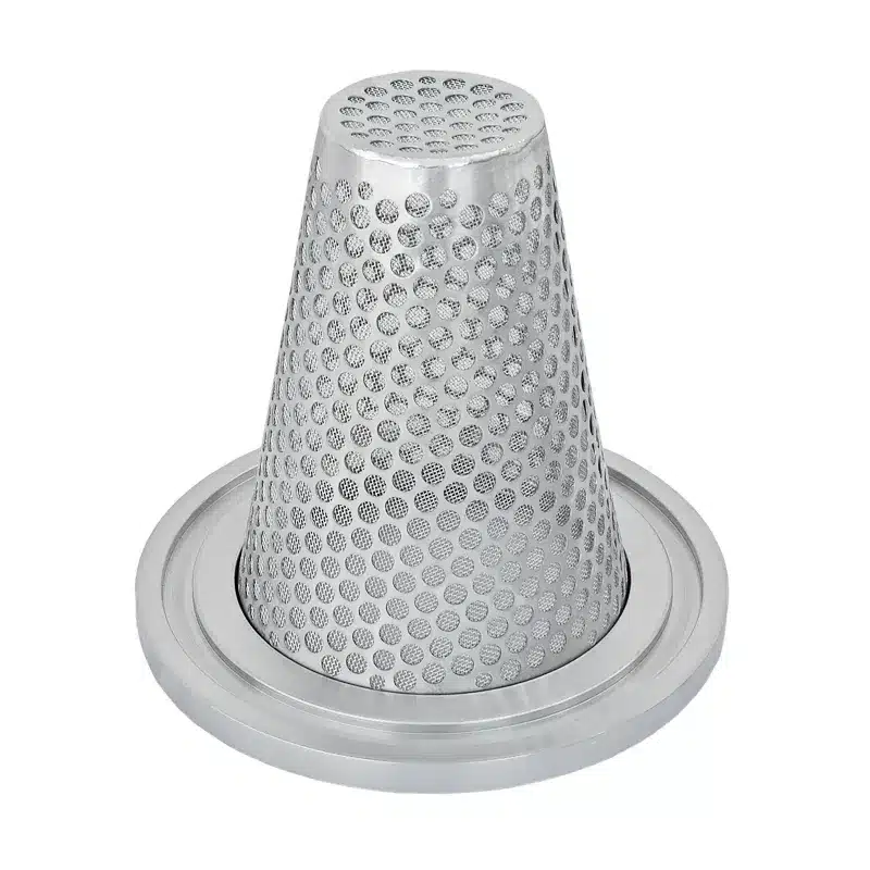 Witch hat strainer in pointed conical design in stainless steel, temporary strainer with screen ring in tongue and groove design to match the flange
