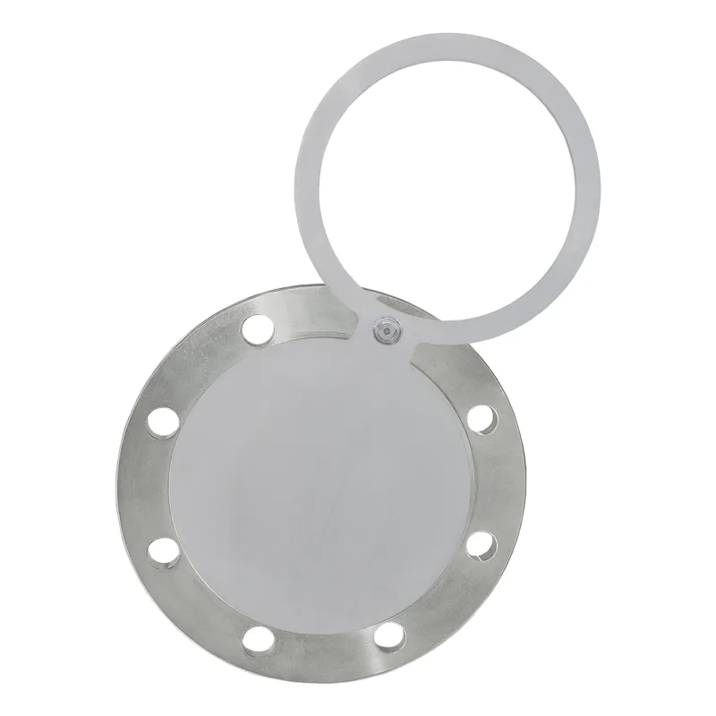 Stainless steel spectacle blind with a bore at the flange for fixing and pivoting the heavy blind