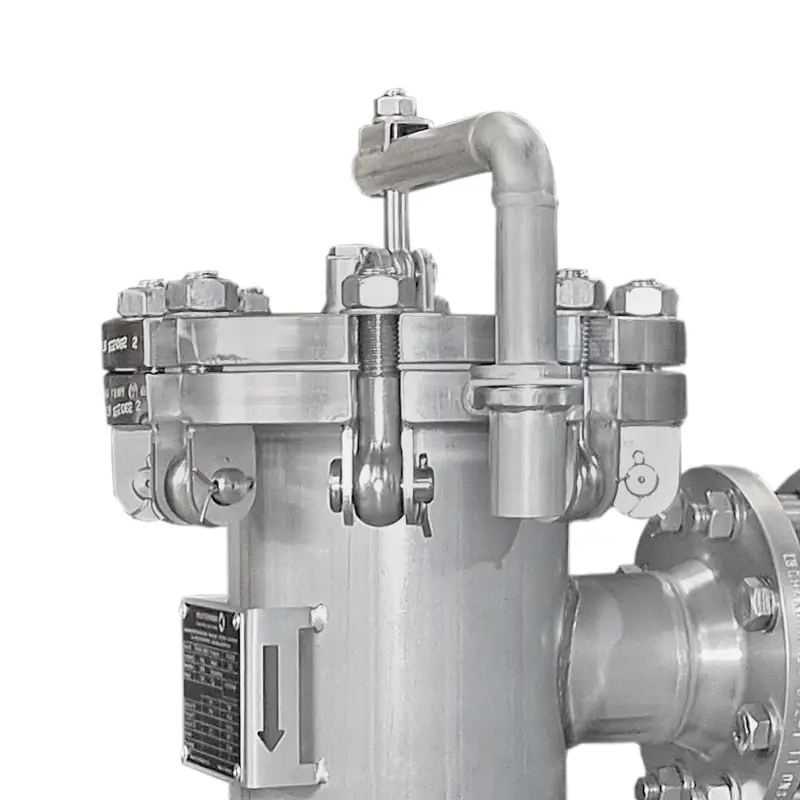 Duplex strainer DN80 in stainless steel with quick-opening closure using eye bolts and a lifting and swivel arm