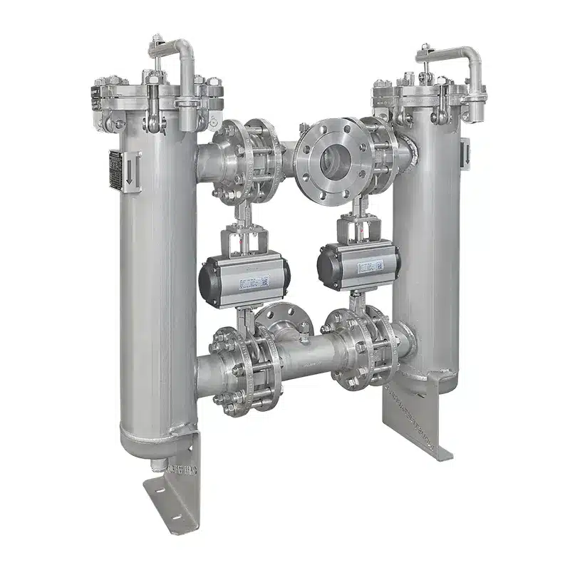 Duplex strainer DN80 in stainless steel with actuated butterfly valves, changed over electrically or pneumatically