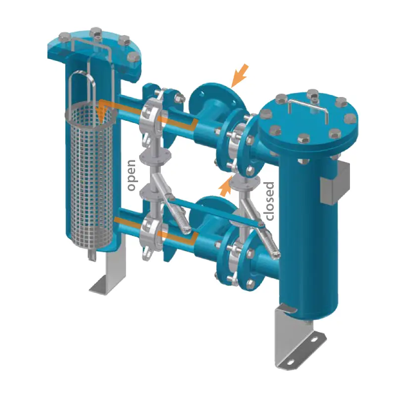 Technical drawing of the operating principle of the duplex strainer with changeover between two chambers