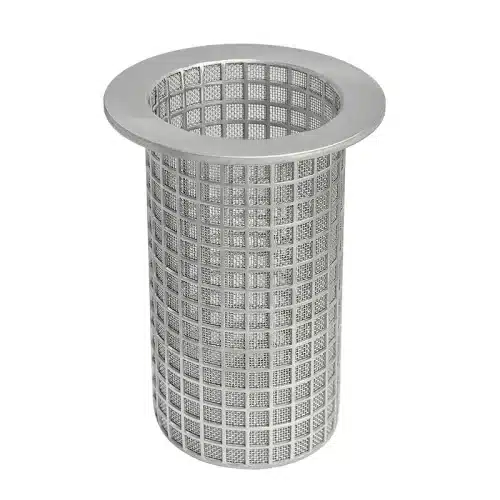 Stainless steel double basket with support basket and fine mesh screen as strainer element and replacement screen for vacuum operation, for acids and alkalis in chemical plants