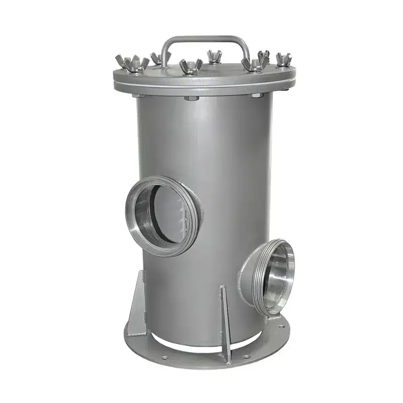 Road tanker strainer in stainless steel in simplex strainer design with support brackets as rests