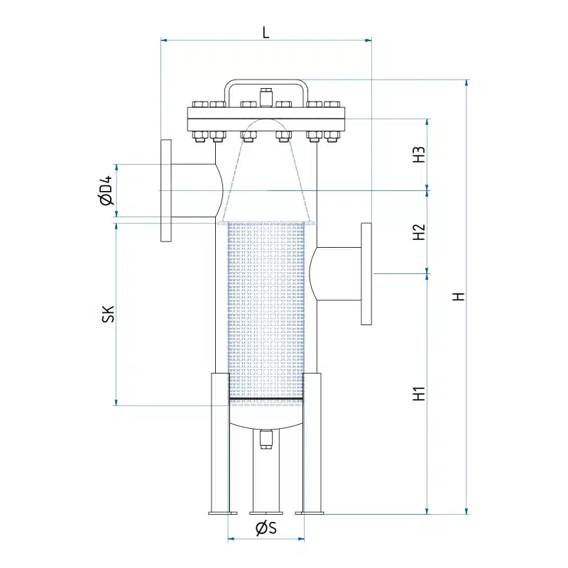Technical drawing of the simplex strainer with the dimensions of the series, part 1