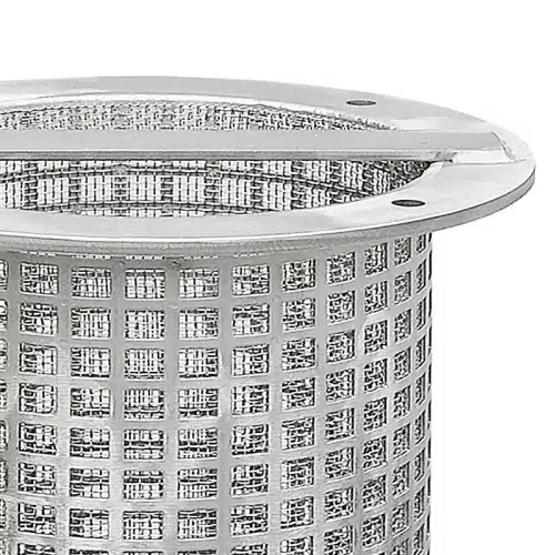 Fine mesh screen with perforated plate support basket as strainer element and spare part for basket-type strainers