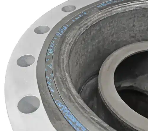 Groove gasket in the cover of a heated DN200 strainer, in tanged graphite, EPDM, FKM (Viton), PTFE, ePTFE or as spiral wound or fibre gasket (Klingersil, Klinger Quantum)