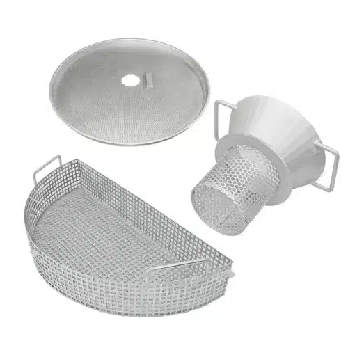 Stainless steel industrial screens in various shapes: flat screen, box screen, round screen and funnel screen