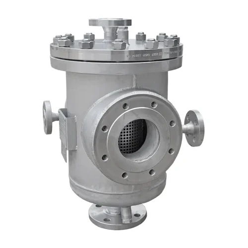 Stainless steel strainer housing with heating jacket for bitumen, greases and heavy fuel oil, heated with steam, water or thermal oil