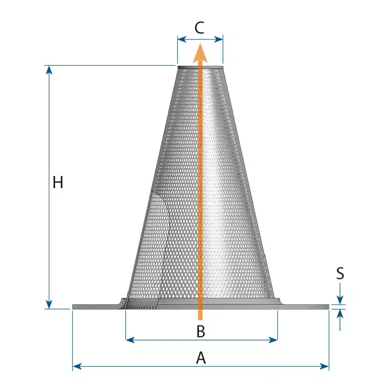 Technical drawing of the witch hat strainer with dimensions, outside and inside diameter of the screen ring
