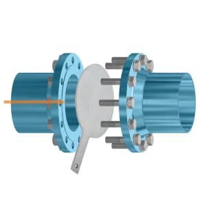 Spade blind as a solid disc in stainless steel between the flanges of a pipeline