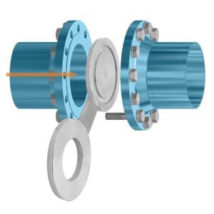 Stainless steel spectacle blind as a reversible blind between the flanges of pipelines and valves