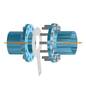Paddle spacer (ring spacer) in stainless steel between the flanges of a pipeline