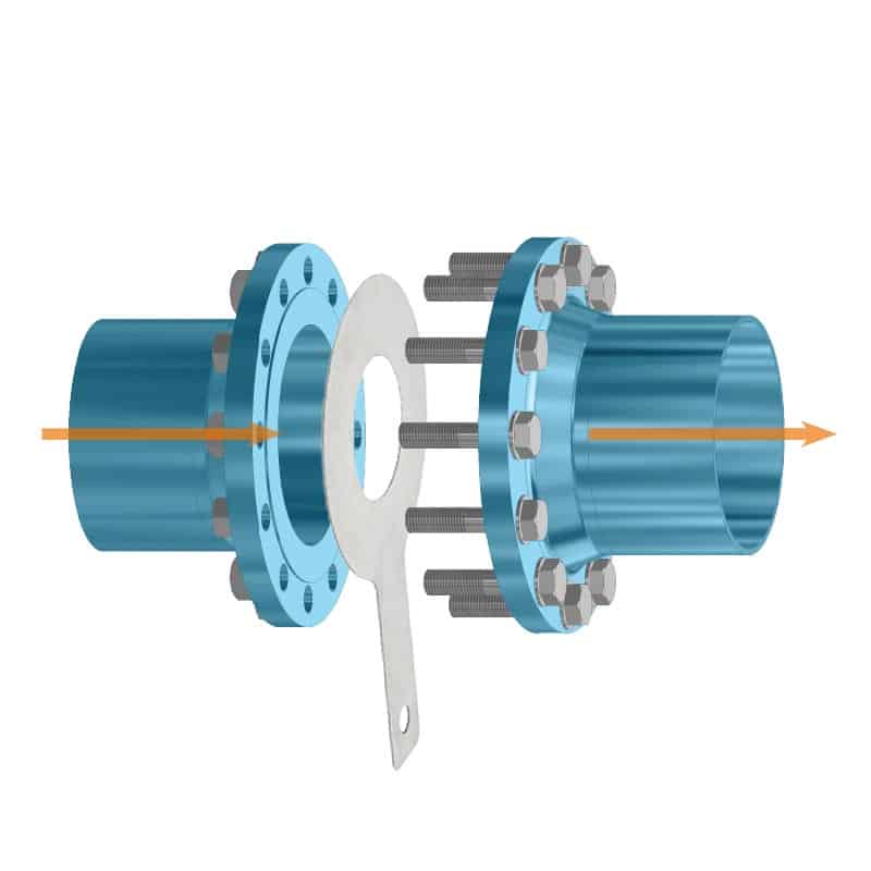 Paddle spacer (ring spacer) in stainless steel between the flanges of a pipeline