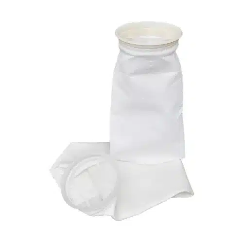 Felt filter bag in a stainless steel support basket, side view