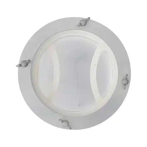 Filter bag in the support basket seen from above: plastic clamping ring with wing screws holds the bag