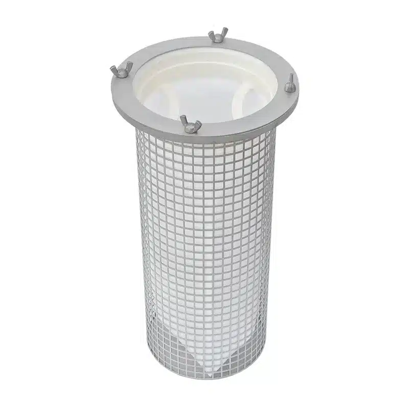 Felt filter bag fitted in the support basket with coarse square perforation