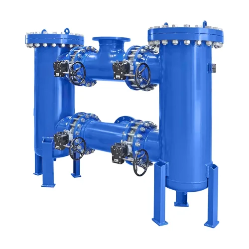 Duplex strainer DN300 in carbon steel, painted RAL 5010 blue, with manually operated shut-off valves