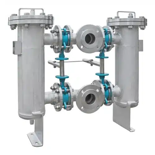 Duplex strainer with changeover, DN65 in stainless steel with manually operated butterfly valves, for example for hot water and water