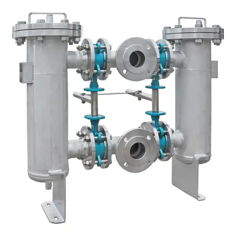 Duplex strainer with changeover, DN65 in stainless steel with manually operated butterfly valves, for example for hot water and water