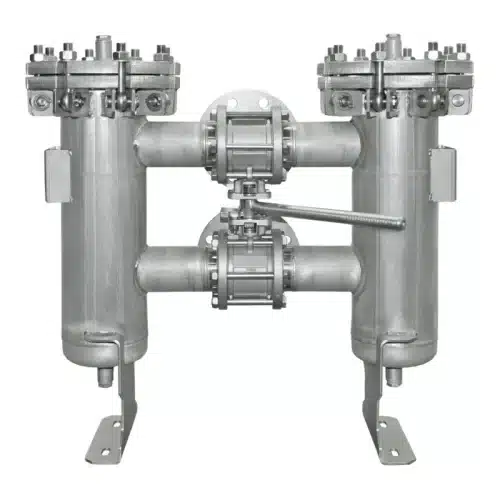 Stainless steel duplex strainer DN65 PN10 with manual ball valve changeover for viscous media