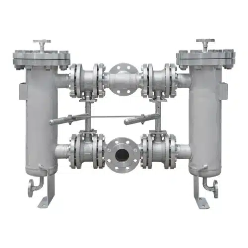 Duplex strainer DN65 PN40 in stainless steel with compact 2-way ball valves for manual changeover, for acids and alkalis in the chemical and petrochemical industry
