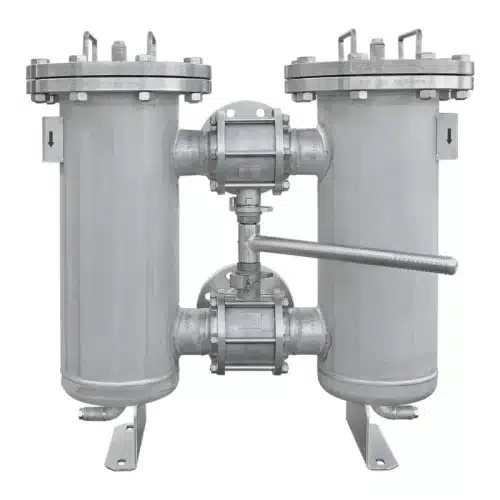 Duplex strainer DN80 in stainless steel, steam-heated, with changeover via manually operated 3-way ball valves, for steam and condensate