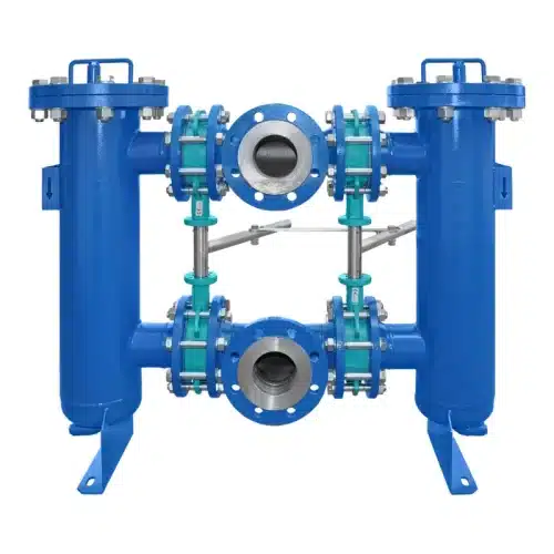 Duplex strainer DN80 in carbon steel, painted RAL 5010 blue, with changeover via four manually operated butterfly valves for water and process water