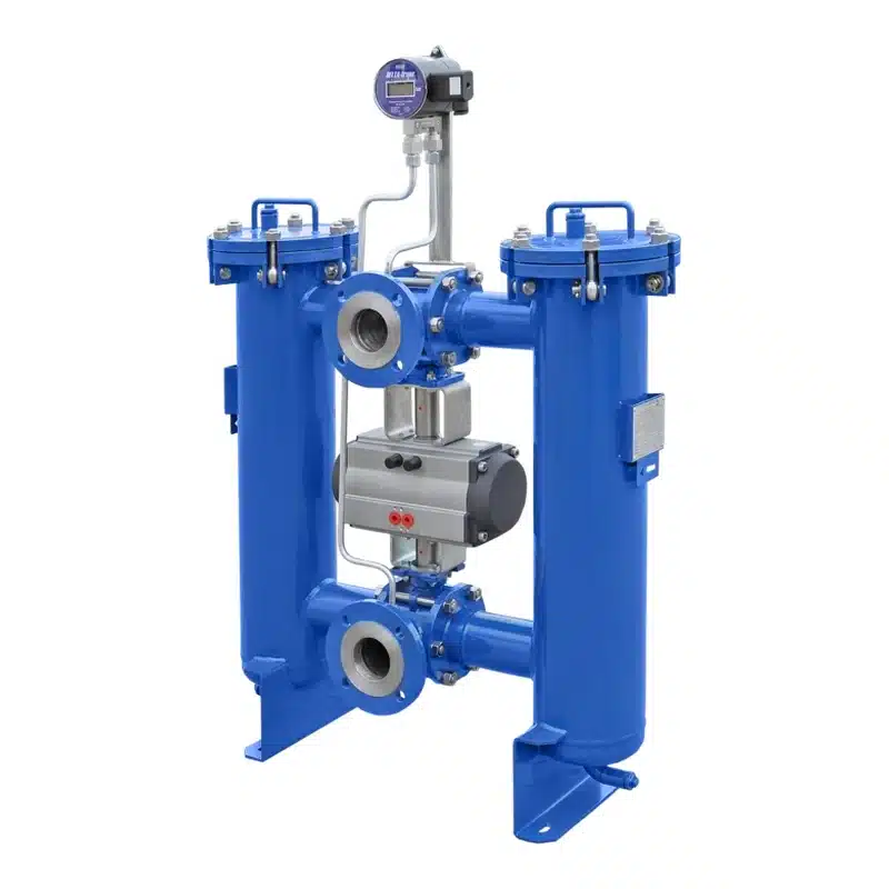 Duplex strainer in carbon steel with flow meter and automatically actuated ball valve
