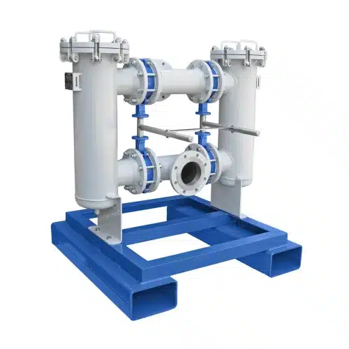Skid-mounted duplex changeover strainer DN125 on a transport frame