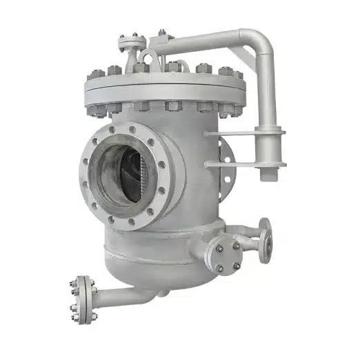 Industrial strainer DN200 in stainless steel with heating jacket and leakage jacket, vent, drain and lifting and swivel arm