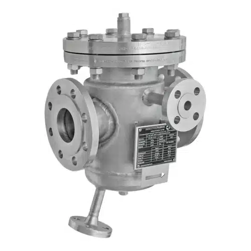 Industrial strainer in stainless steel with heating jacket and heating connection, heated design for heavy fuel oil
