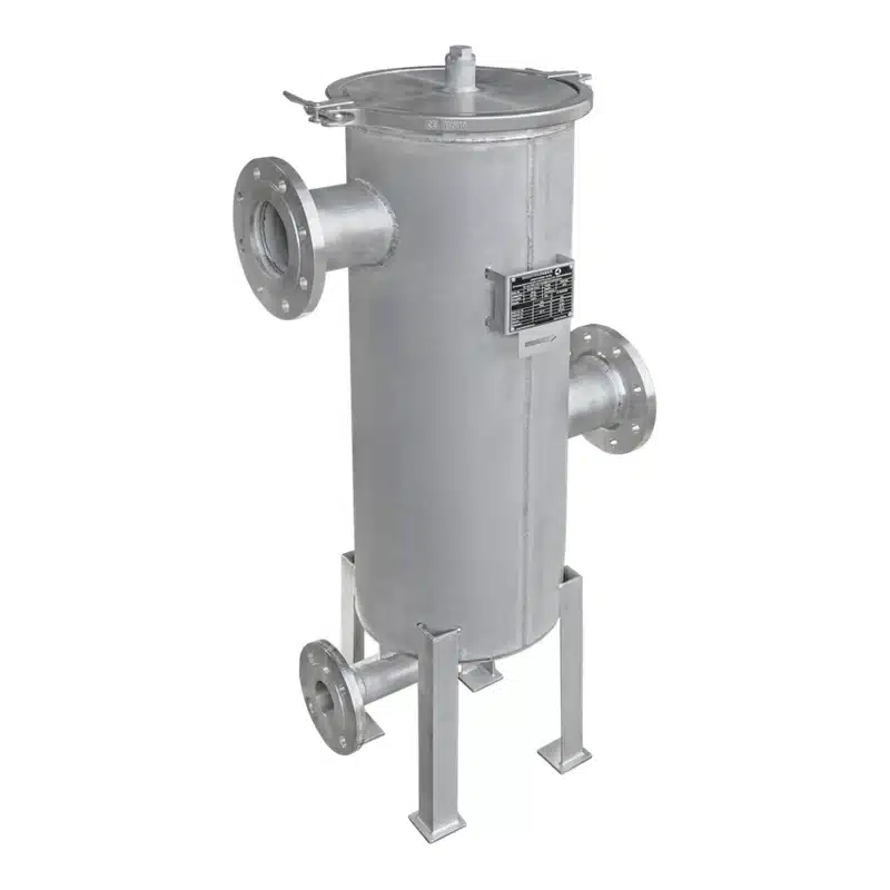 Simplex strainer DN100 PN10 with flanged connection, quick-opening closure and support legs