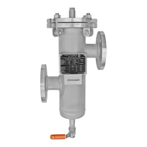 Simplex strainer DN50 in stainless steel with vent socket and ball valve drain for acids and alkalis in the chemical industry