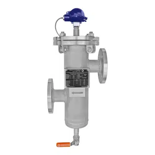 Stainless steel simplex strainer DN50 with ball valve, PT100, thermometer and differential pressure gauge