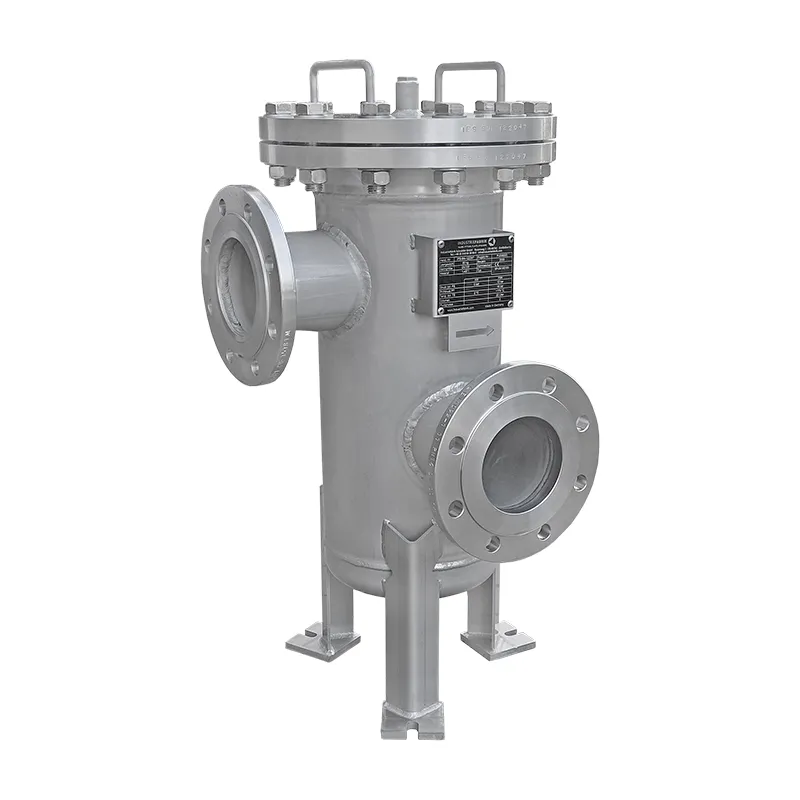 Simplex strainer DN100 PN10 in stainless steel as a 90° angle strainer in a special design with support legs