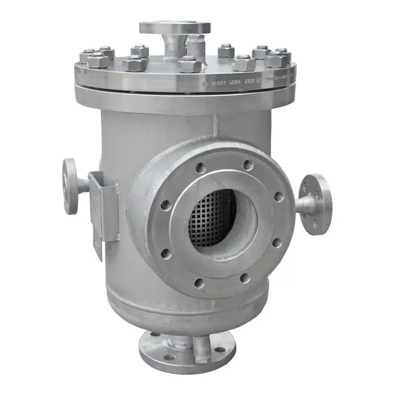Heated simplex strainer in stainless steel with welded heating jacket
