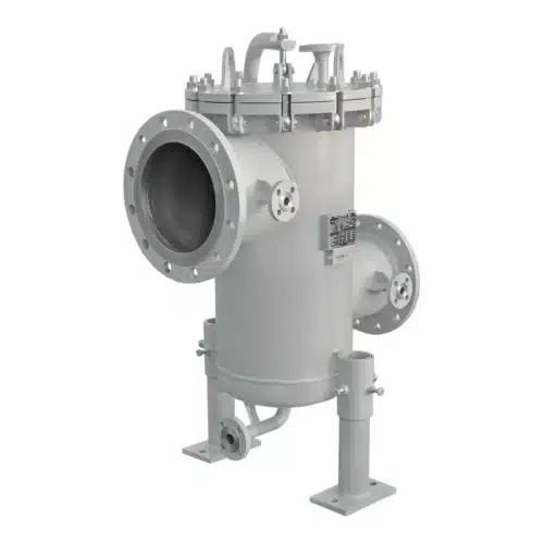 Simplex strainer in painted carbon steel with height-adjustable support legs, differential pressure connection, drain connection, quick-opening closure and davit