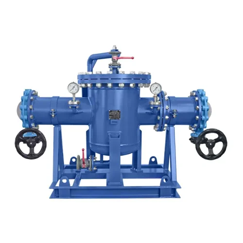 Industrial strainer DN250 painted in RAL 5010 blue, with frame, butterfly valves and further fitted valves and instruments, differential pressure gauge and swivel arm on the cover