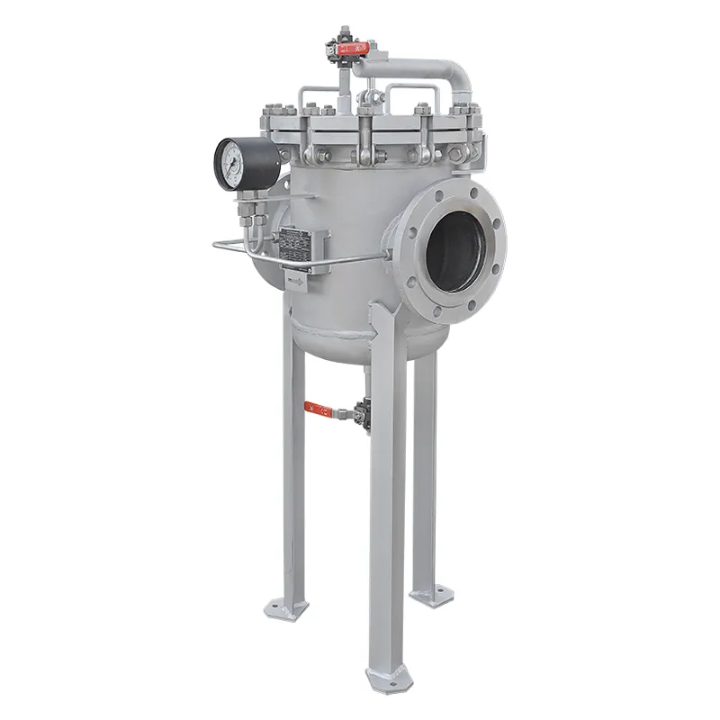 Basket strainer DN150 in stainless steel with quick-opening closure, ball valves for venting and draining, and support legs