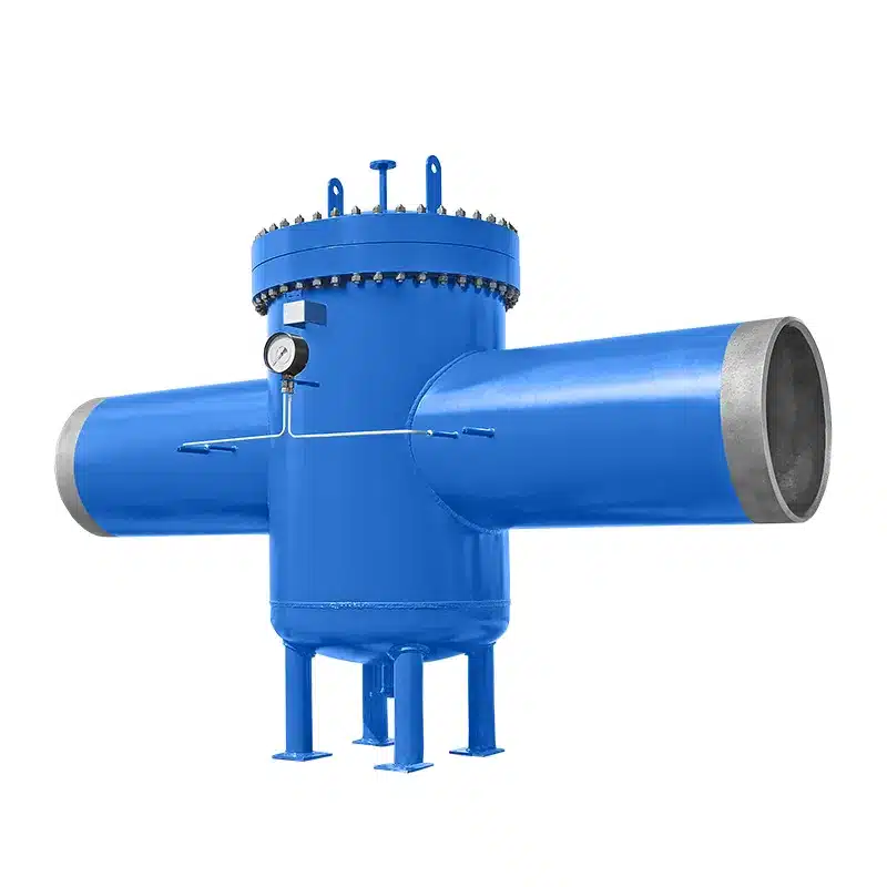 Basket strainer DN700 in carbon steel, painted blue, with butt-weld ends and differential pressure gauge for district heating